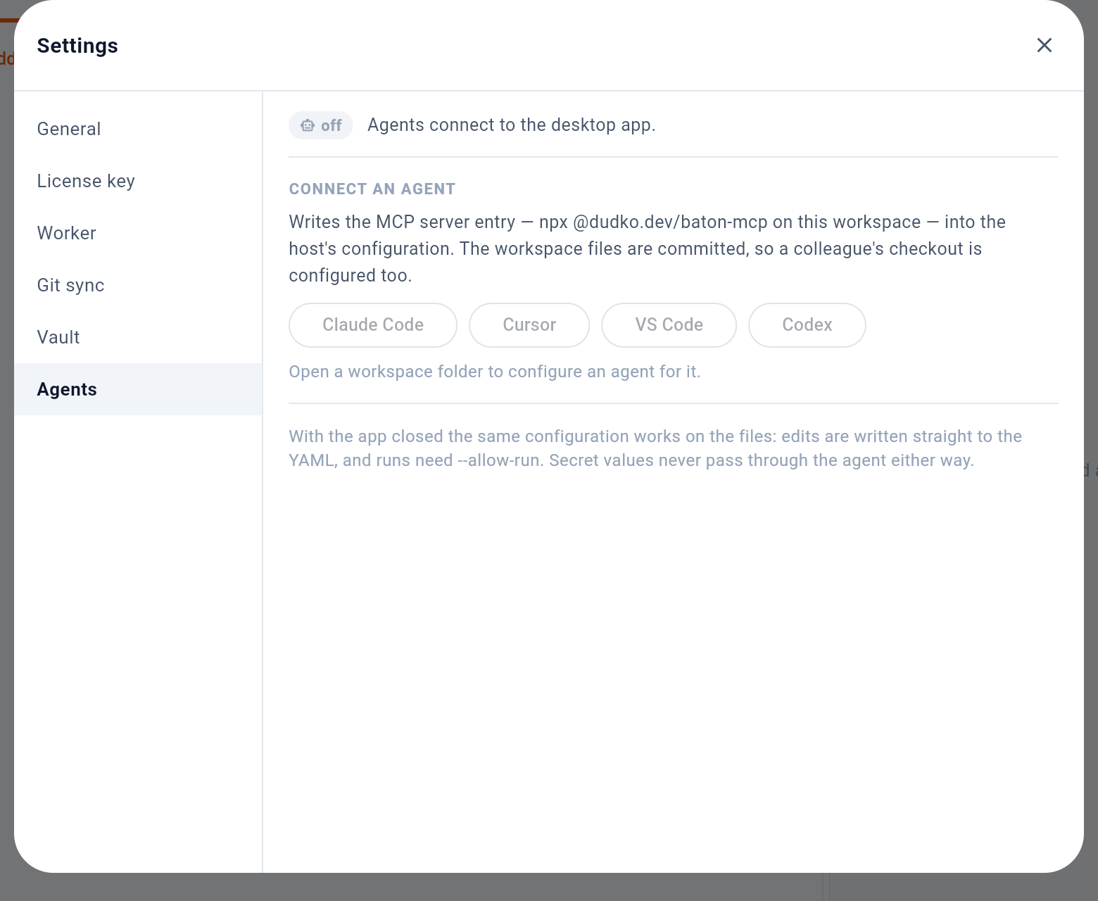 Settings → Agents, here in the browser build, where there is no workspace folder to configure. — 1: Whether the app is listening for agents; 2: Write the MCP entry for one host; 3: Without the app: the same entry works on the files