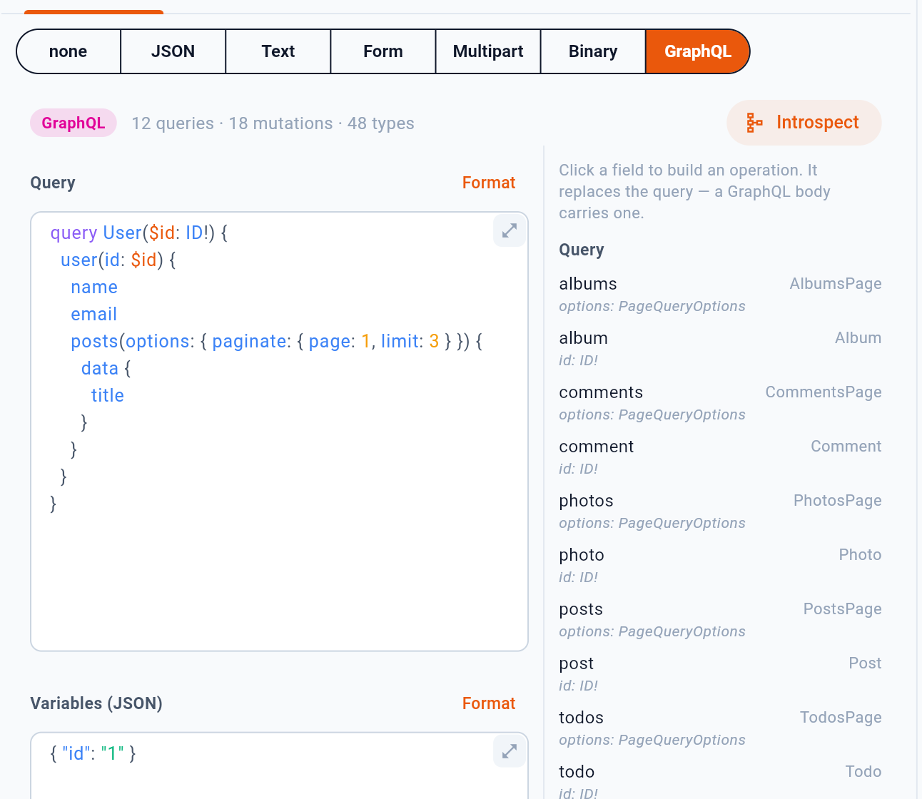 After introspection: the schema, next to the query it is for. — 1: One press; the schema stays until the request changes; 2: What came back; 3: Every query and mutation, with its arguments and type — click one to build it