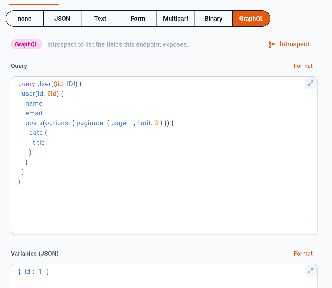 Query above, variables below, schema on request. — 1: Ask the endpoint for its schema; 2: Reformat the query