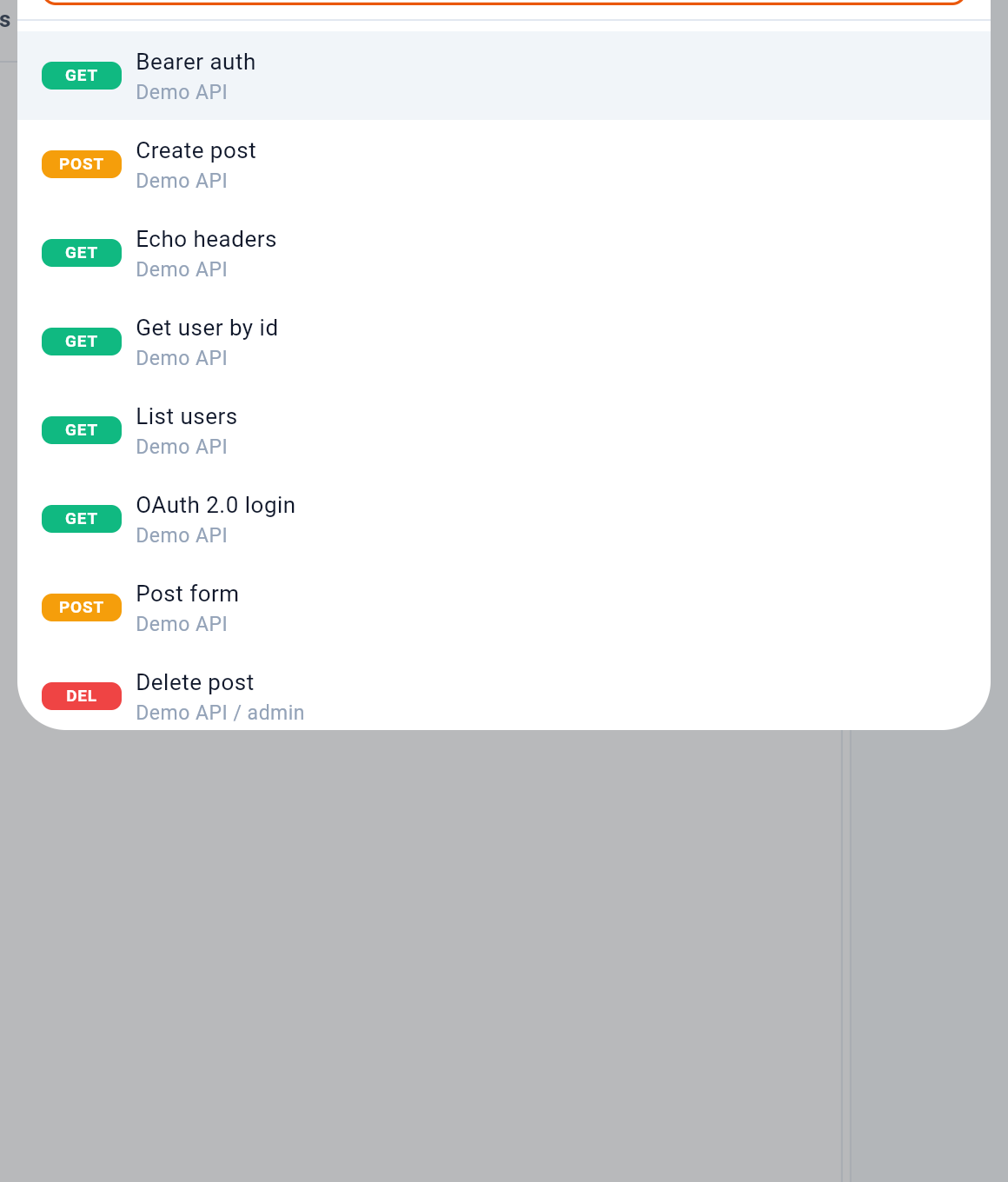 The palette searches requests, and also runs them. — 1: Every request, with its collection; 2: Run a whole collection; 3: Jump to variables