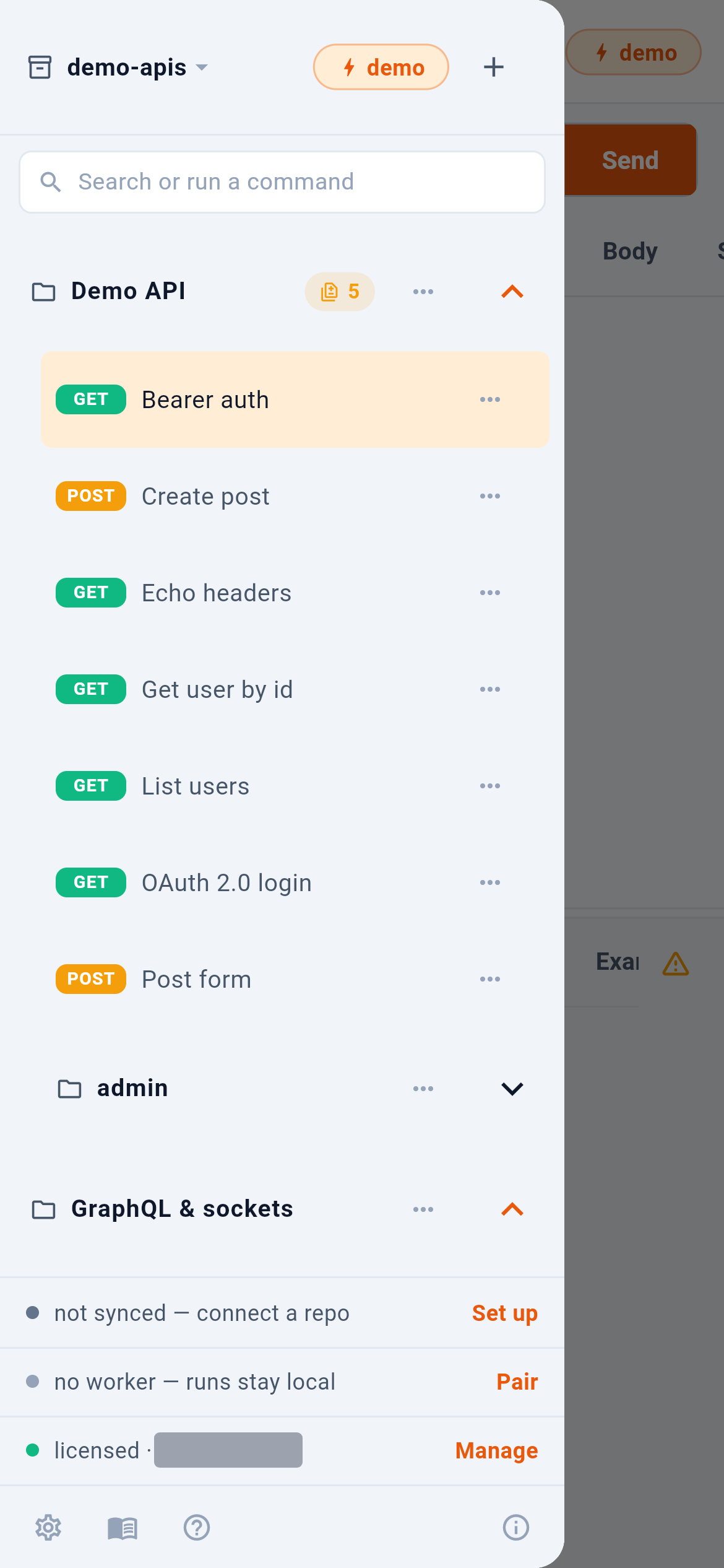 The drawer, top to bottom. — 1: Switch or create a workspace; 2: Active environment; 3: New collection, or import; 4: Search, or run a command; 5: A collection — tap to fold