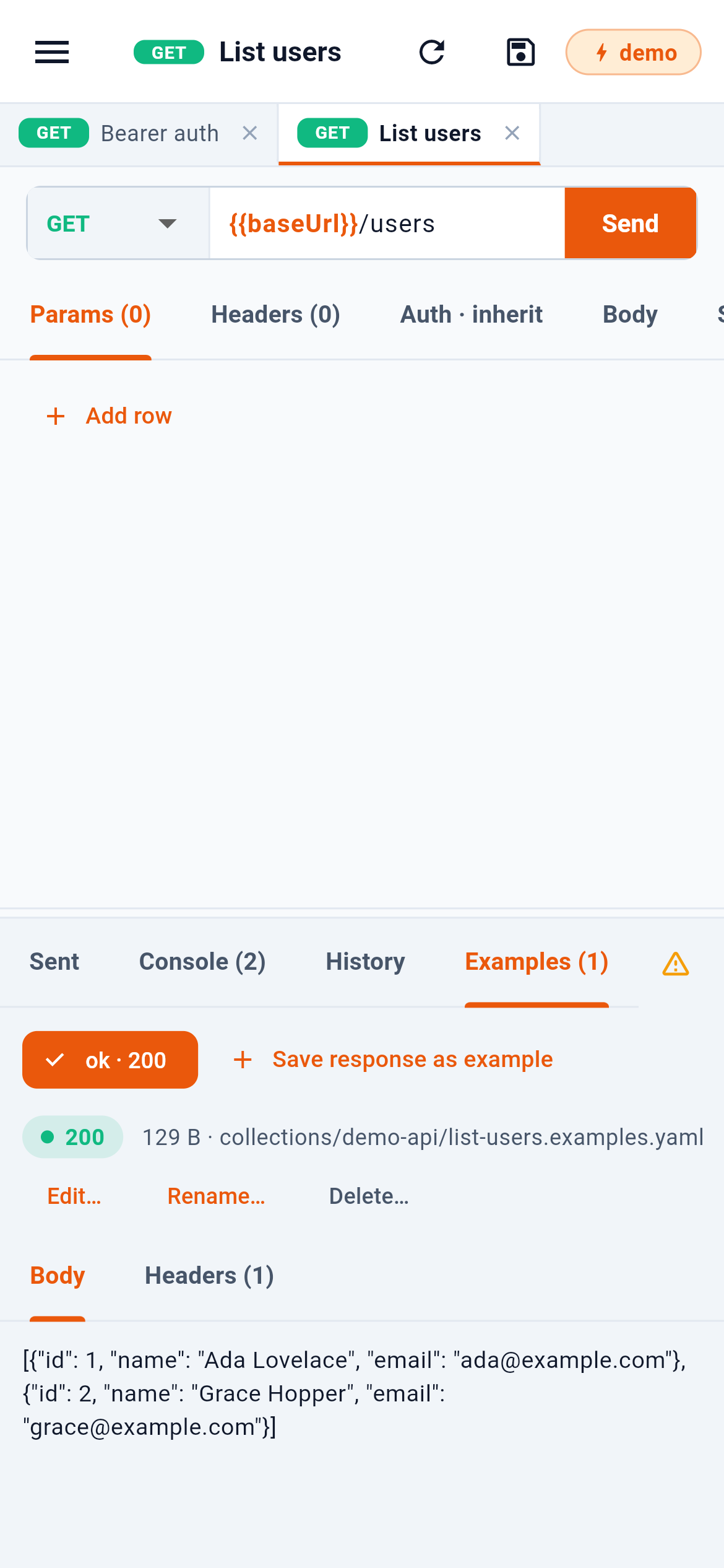 The Examples tab: what is saved, and a way to save what just came back. — 1: The saved examples — tap one to see it; 2: Keep the response you just got; 3: A file of its own, beside the request; 4: Edit, rename or delete it