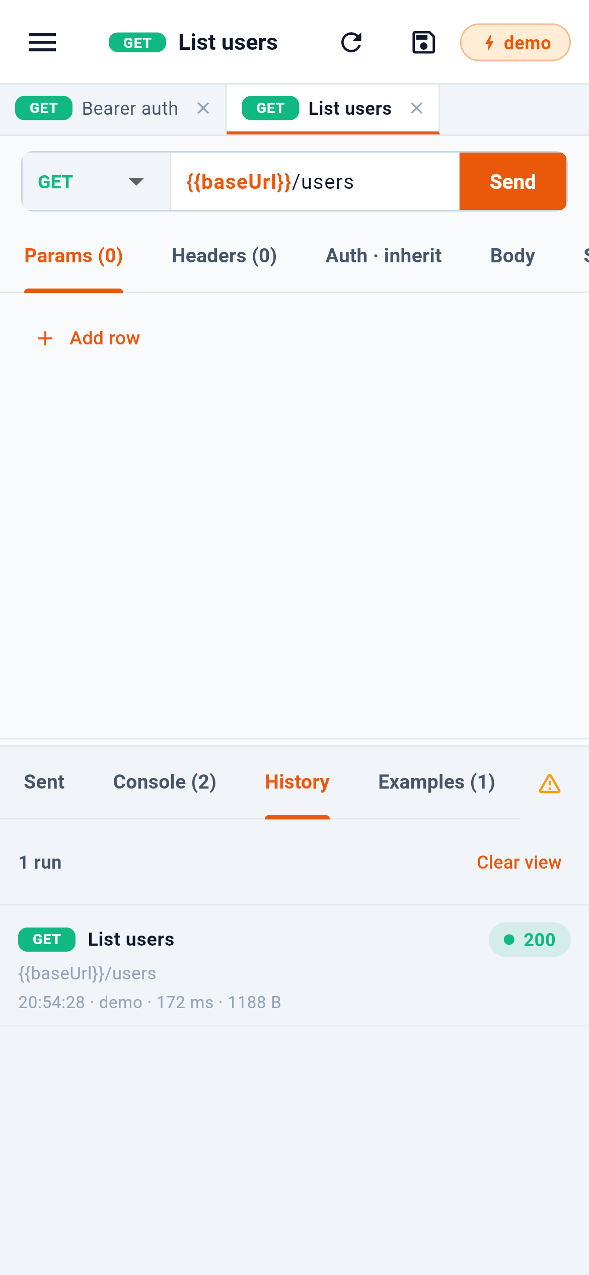 Earlier runs of this request. — 1: Clear the list; 2: One run: status, environment, time and size