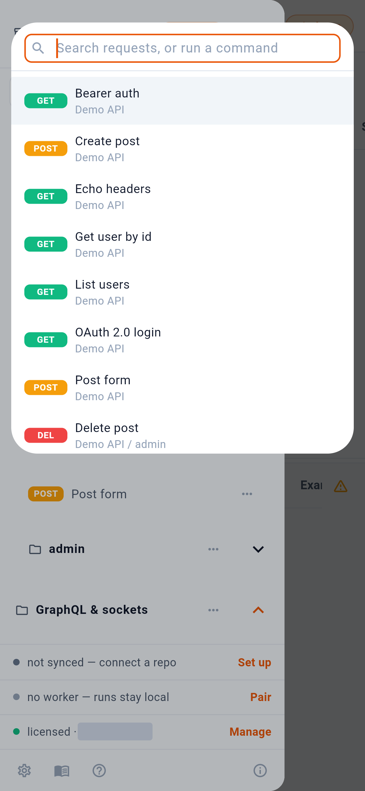 Search lists every request, and runs things too. — 1: Type part of a name; 2: Every request, with its collection