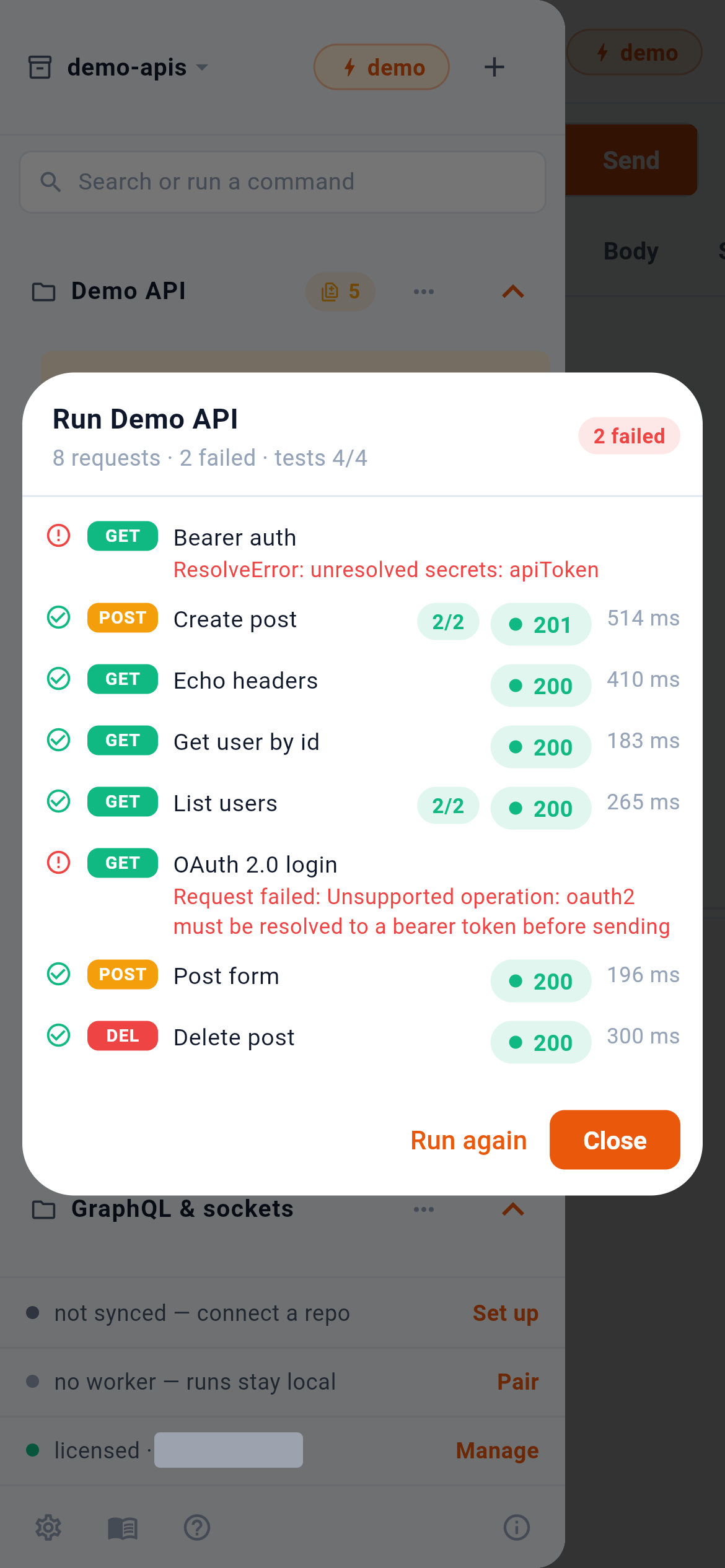 Eight requests, two of which failed — and the reason is in the row. — 1: A step that failed, with the reason in place; 2: A step that passed: tests, status, time; 3: Repeat the whole run