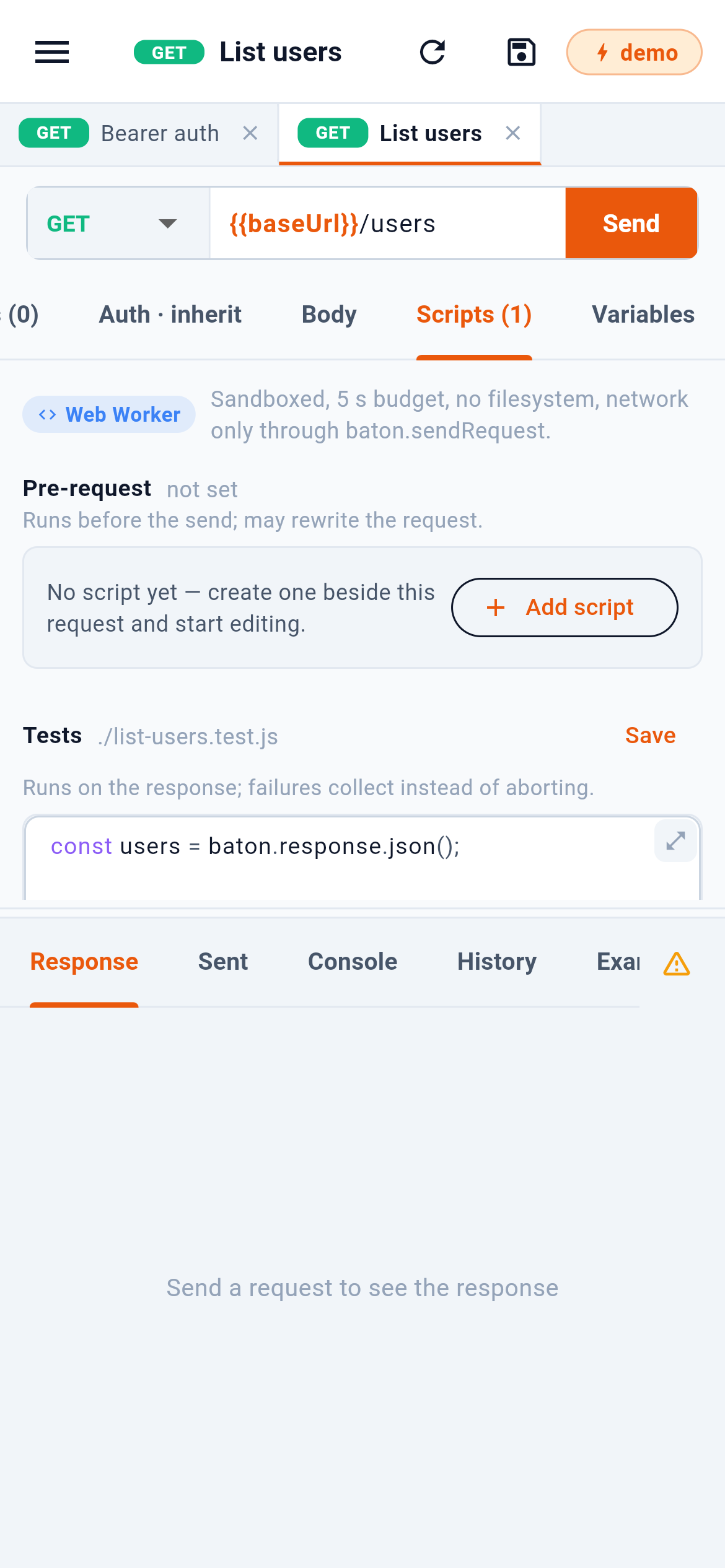 The Scripts tab: pre-request above, tests below. — 1: The engine, and what it is allowed to do; 2: Add a pre-request or test script; 3: Save the script with the request