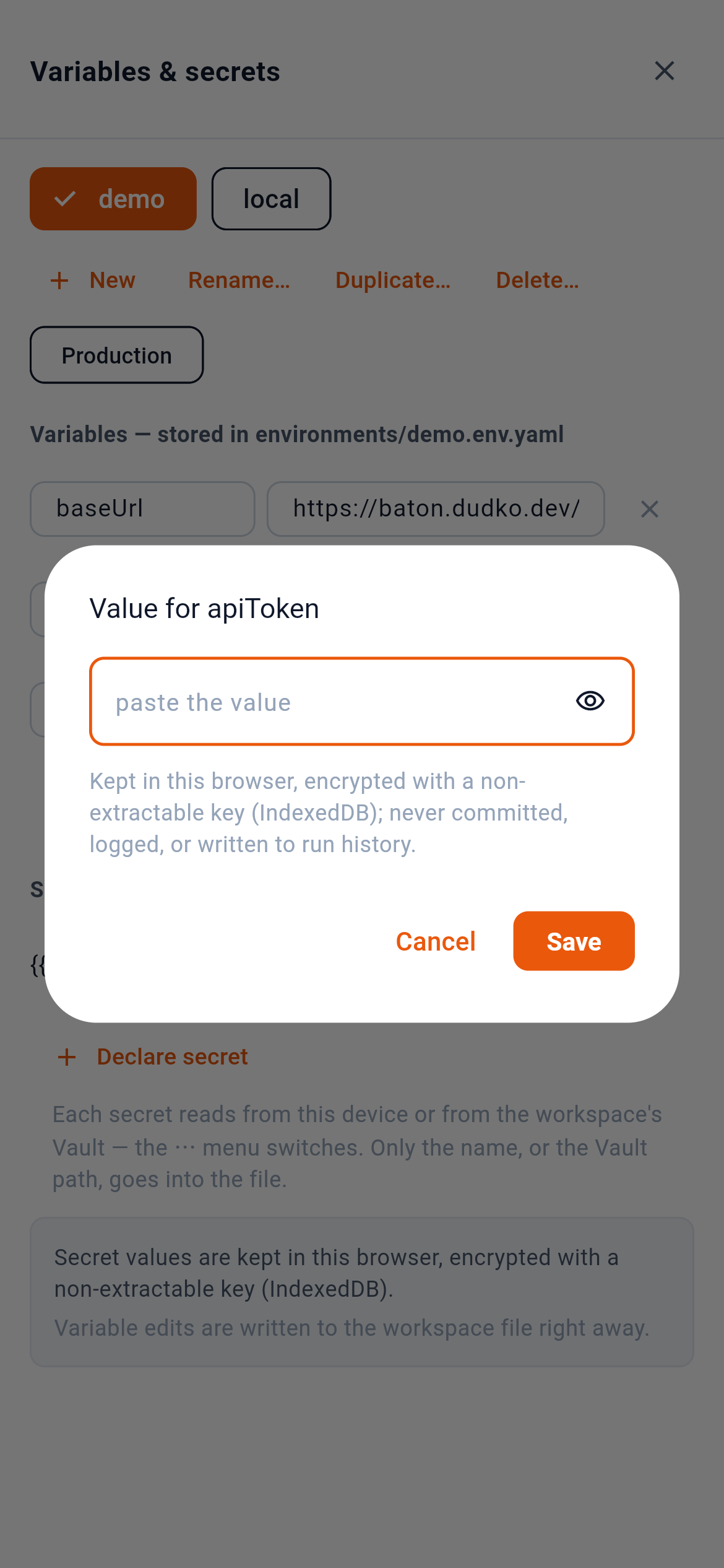 Setting a value. It goes to the store, not to the file. — 1: Reveal what you typed; 2: Store it — the file is untouched