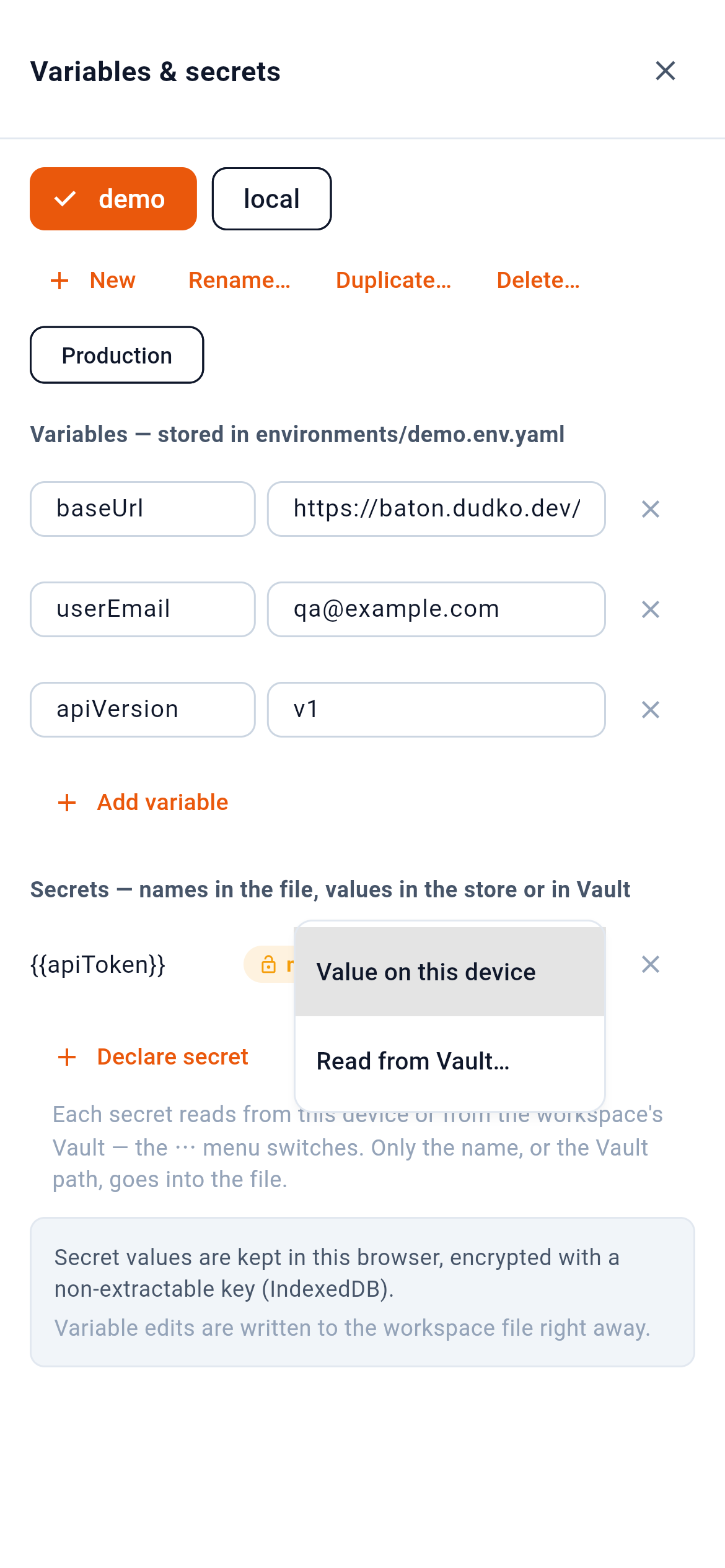 The ⋯ menu on a secrets row: where its value comes from. — 1: The secure store on this phone; 2: A path in the workspace's Vault