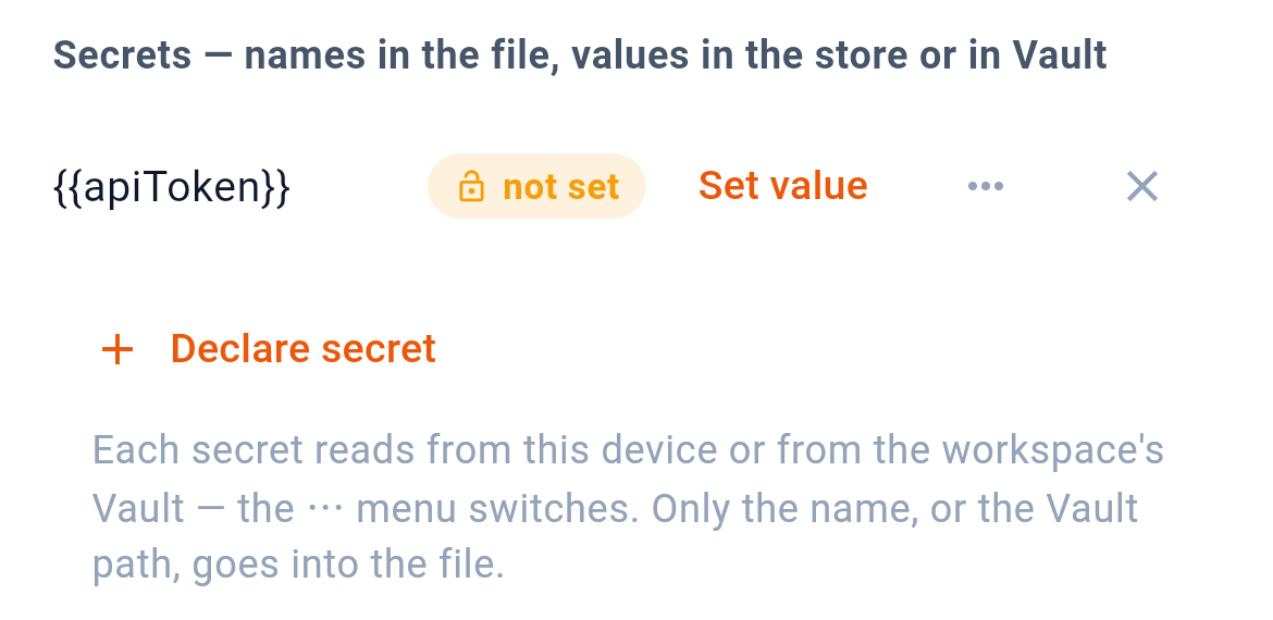 The secrets half: a name, and whether this phone has a value. — 1: Only the name is written to the file; 2: Put the value in this phone's store; 3: Forget both halves; 4: Declare a new one; 5: This device, or a path in Vault