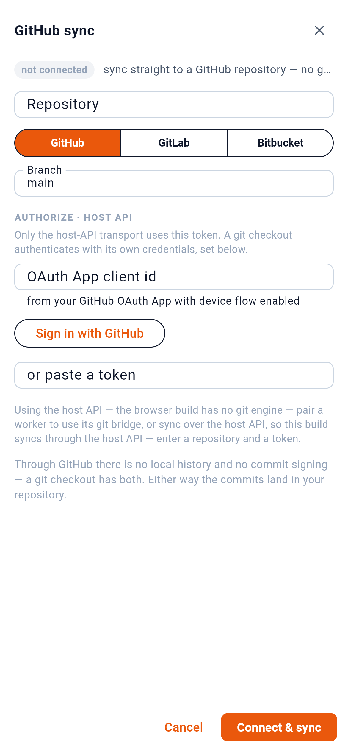 Connecting a workspace to a repository. — 1: Connection state; 2: GitHub, GitLab or Bitbucket; 3: Authorize by device flow