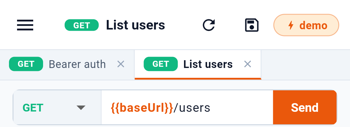 Method, URL, and the two buttons that matter. — 1: Method; 2: URL, with {{variables}} highlighted; 3: Send — a square while it runs, which stops it; 4: Save to the workspace file; 5: Re-read the file, dropping edits