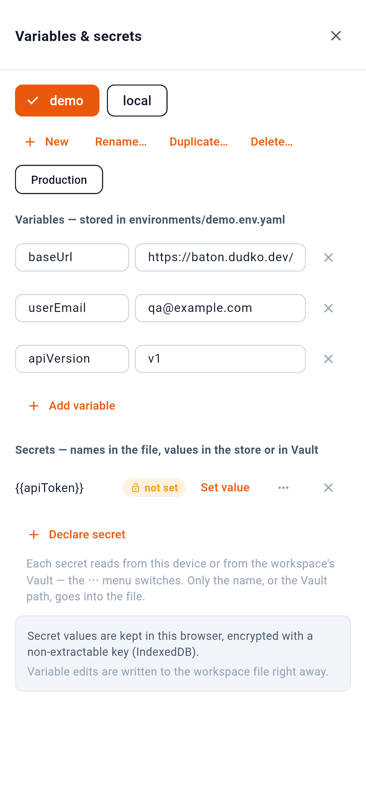 Variables and secrets, per environment. — 1: Pick the environment to edit; 2: New, rename, duplicate, delete; 3: Production: an agent's send asks you first; 4: Plain values, written to the file; 5: Secrets: only the name is stored