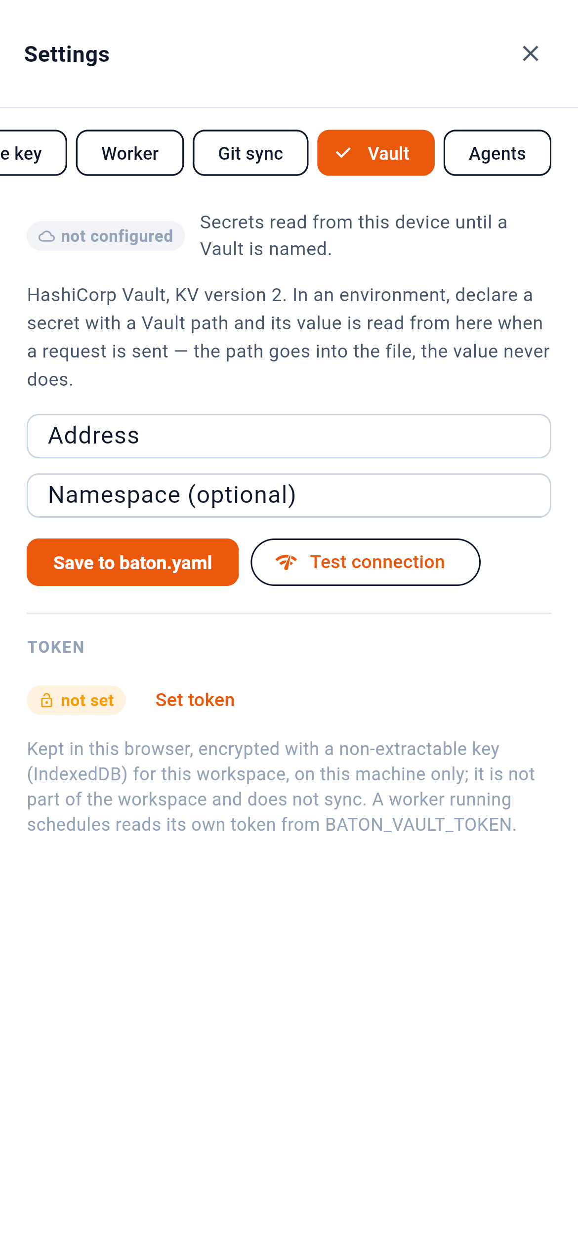 The workspaces Vault: the address in the file, the token on this device. — 1: Whether a Vault is named; 2: Address and namespace go into baton.yaml; 3: Check the address and the token; 4: The token stays on this device