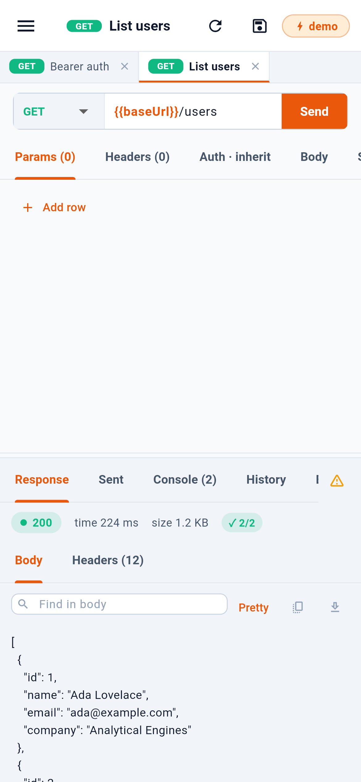 A request, sent, with its response under it. — 1: The drawer: workspaces, collections, status; 2: Reload, save, and the active environment; 3: Open requests, a tab each; 4: The request: method, URL, Send and its tabs; 5: The response, under the request