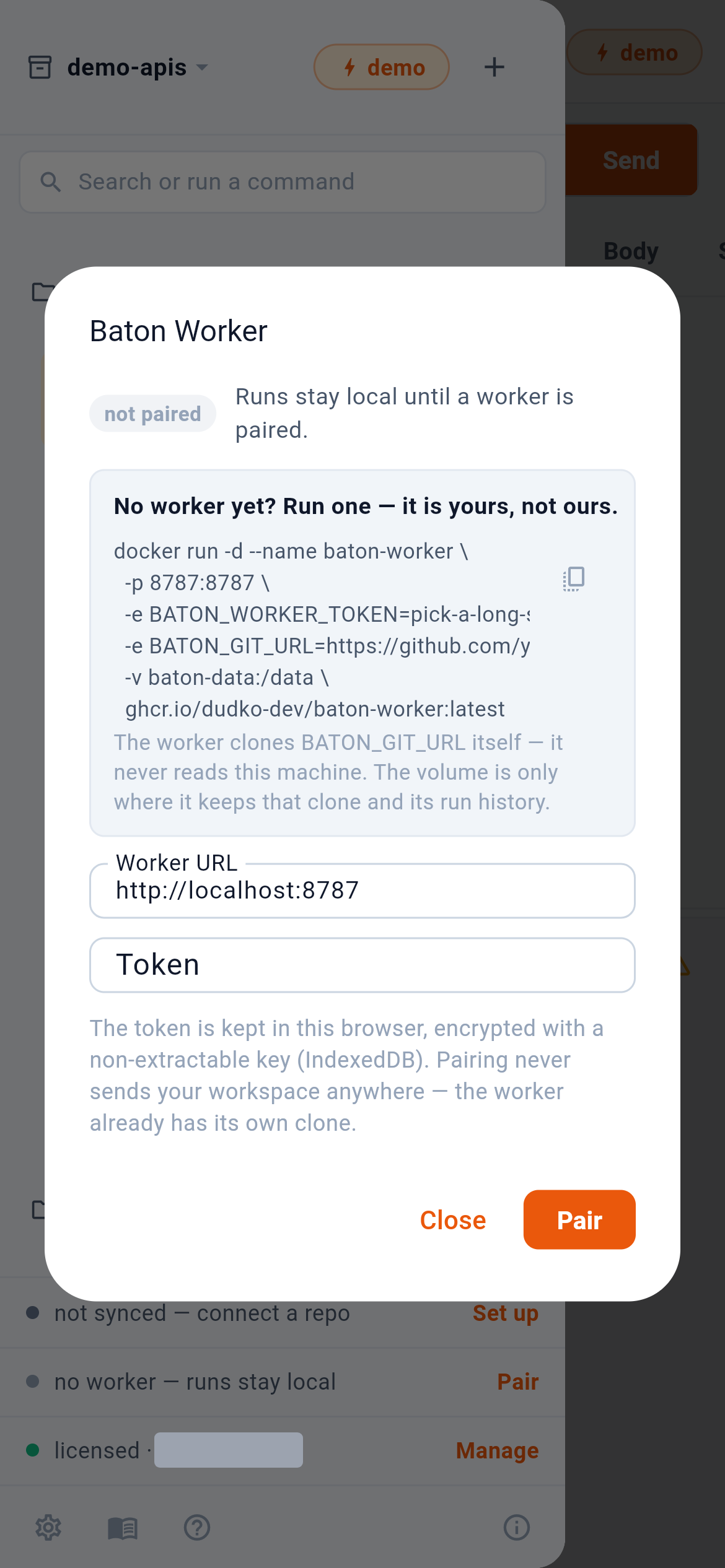 The worker is yours: a container you run. — 1: Run your own worker with this; 2: Copy the command; 3: Pair once it is running