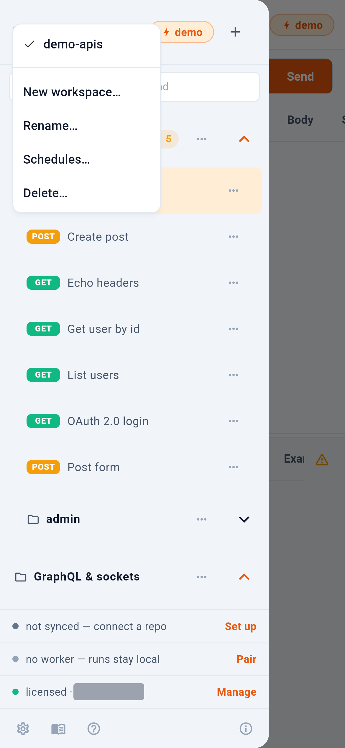 The workspace menu. — 1: The workspaces on this device; 2: A new one, kept inside the app; 3: What the worker runs, and when