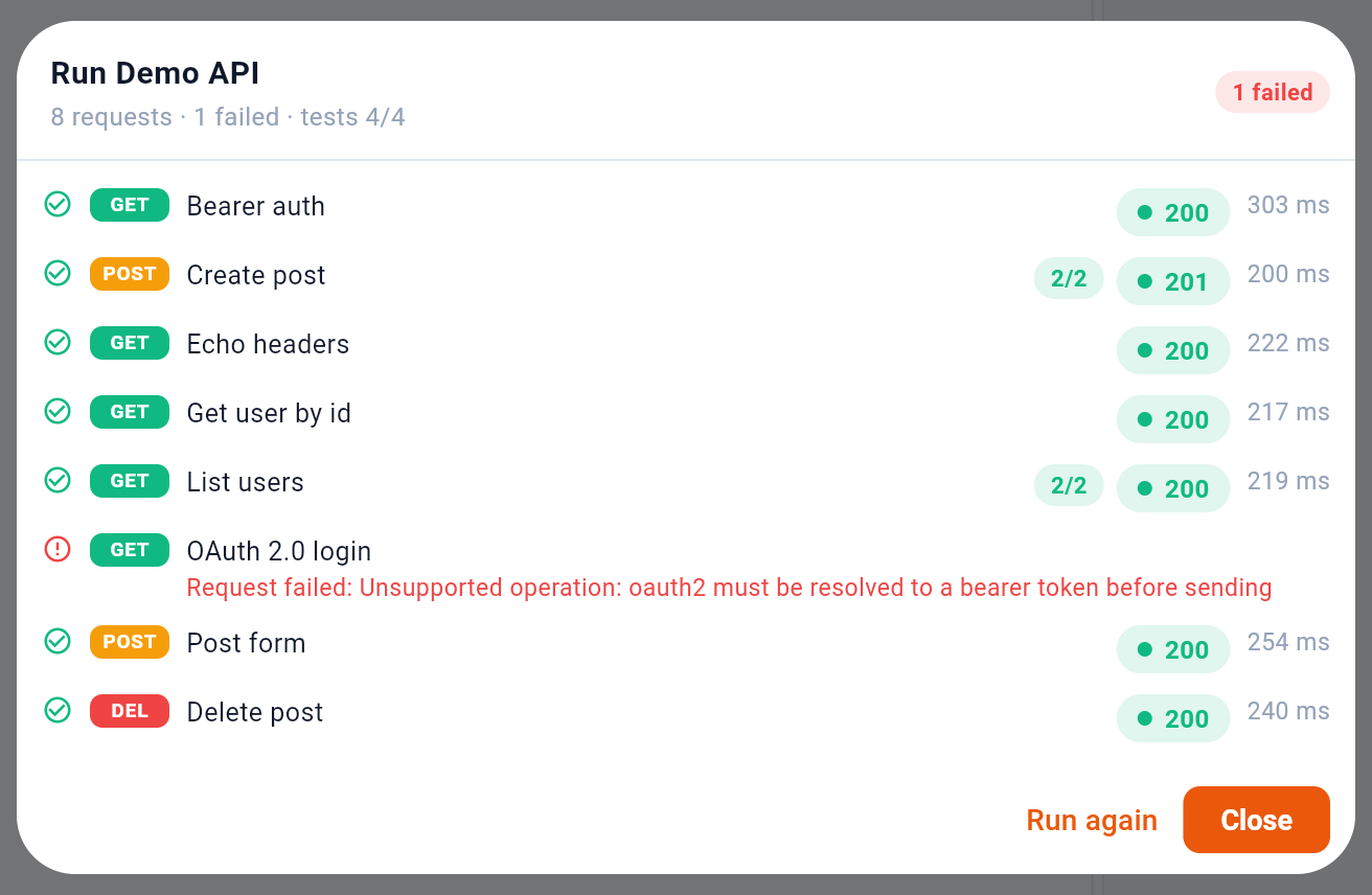 Eight requests, two of which failed — and the reason is in the row. — 1: A step that failed, with the reason in place; 2: A step that passed: tests, status, time; 3: Repeat the whole run