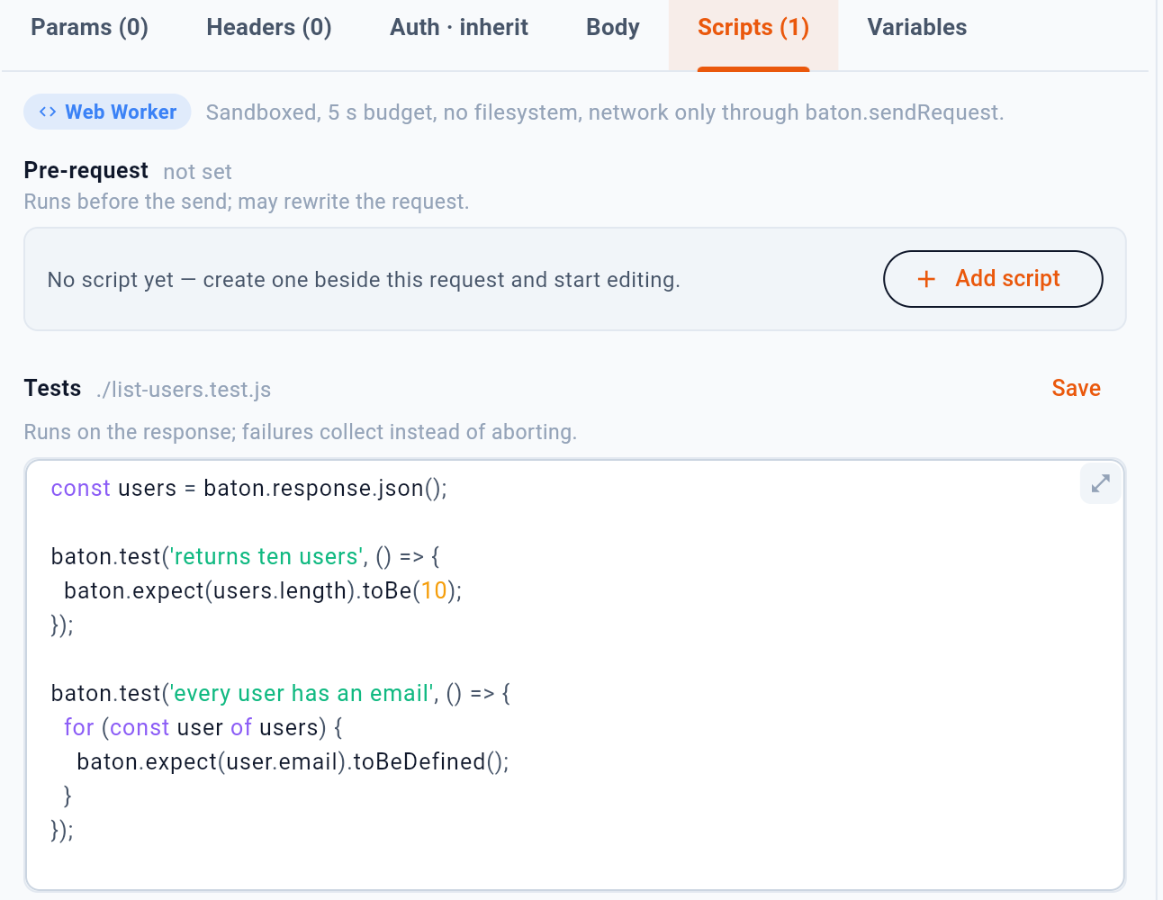 The Scripts tab: pre-request above, tests below. — 1: The engine, and what it is allowed to do; 2: Add a pre-request or test script; 3: Save the script with the request