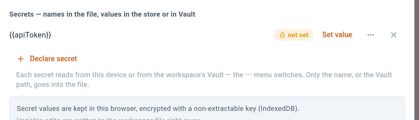 The secrets half: a name, and whether this machine has a value. — 1: Only the name is written to the file; 2: Put the value in this machine's store; 3: Forget both halves; 4: Declare a new one; 5: This device, or a path in Vault