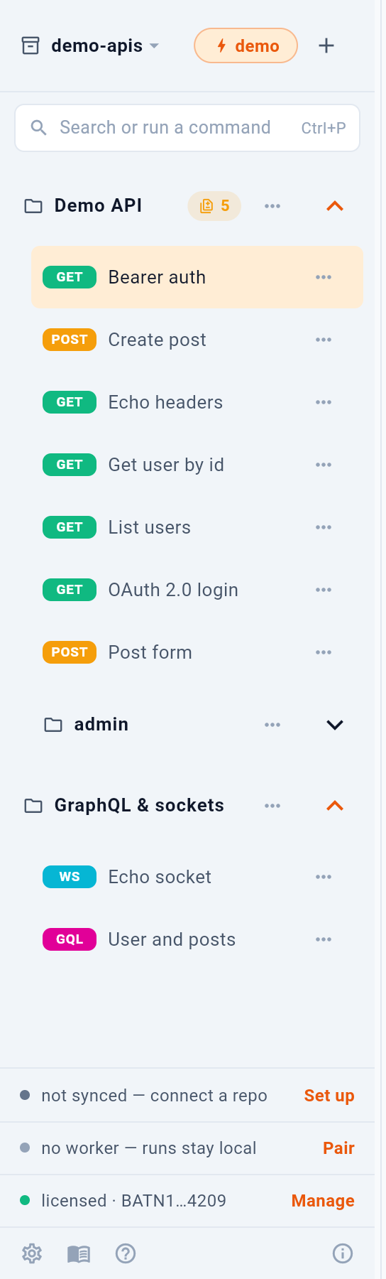 The sidebar, top to bottom. — 1: Switch or create a workspace; 2: Active environment; 3: New collection, or import; 4: Command palette; 5: A collection — click to fold