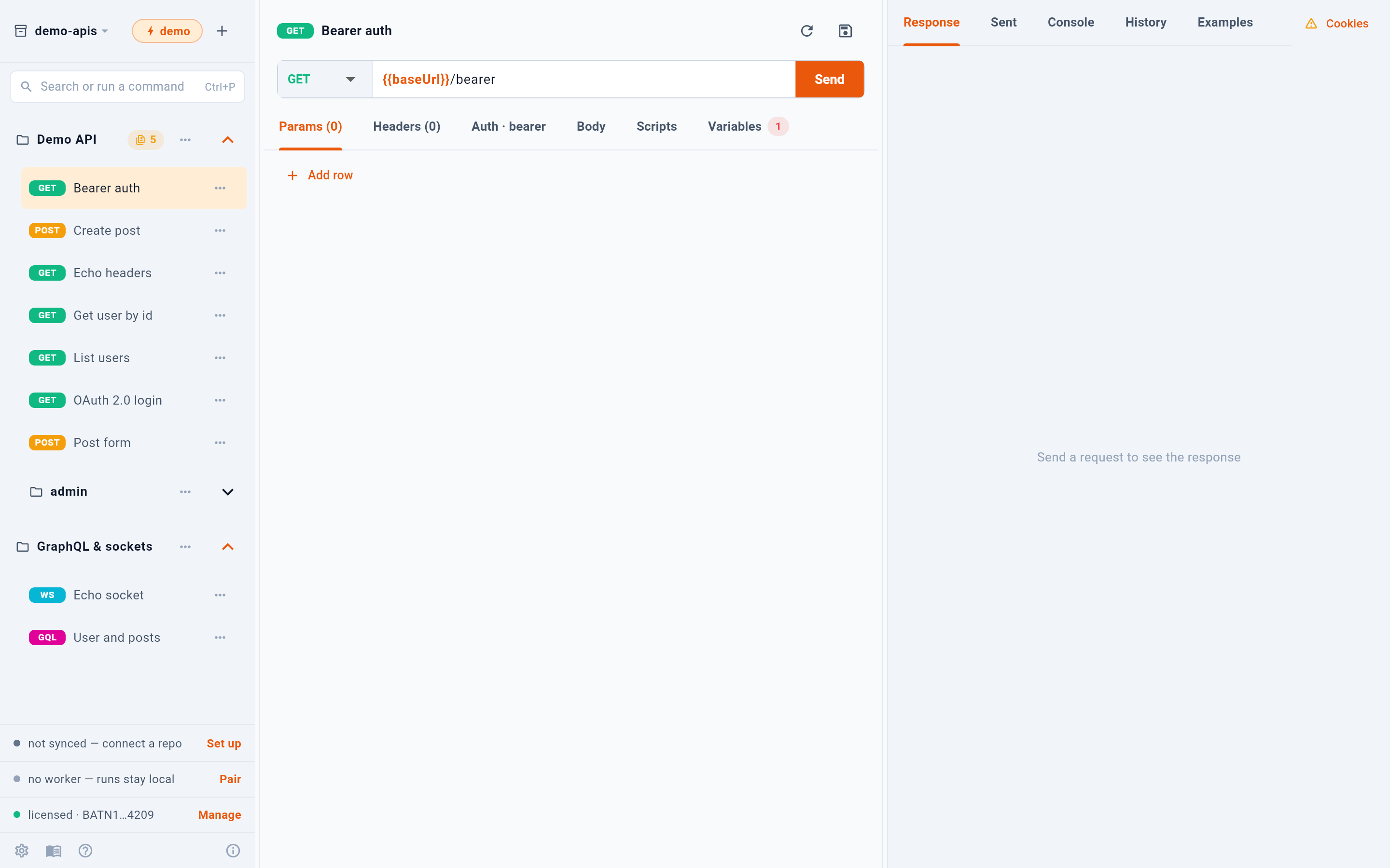 The whole window, with a request open and nothing sent yet. — 1: Workspace, environment and new-item menu; 2: Collections and requests; 3: The request: method, URL and Send; 4: The response panel; 5: Sync, worker and license status